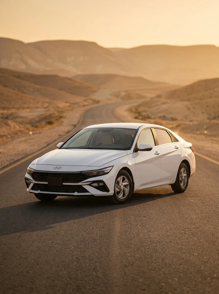 Hyundai Elantra parked on a Jordanian road, three-quarter front exterior view