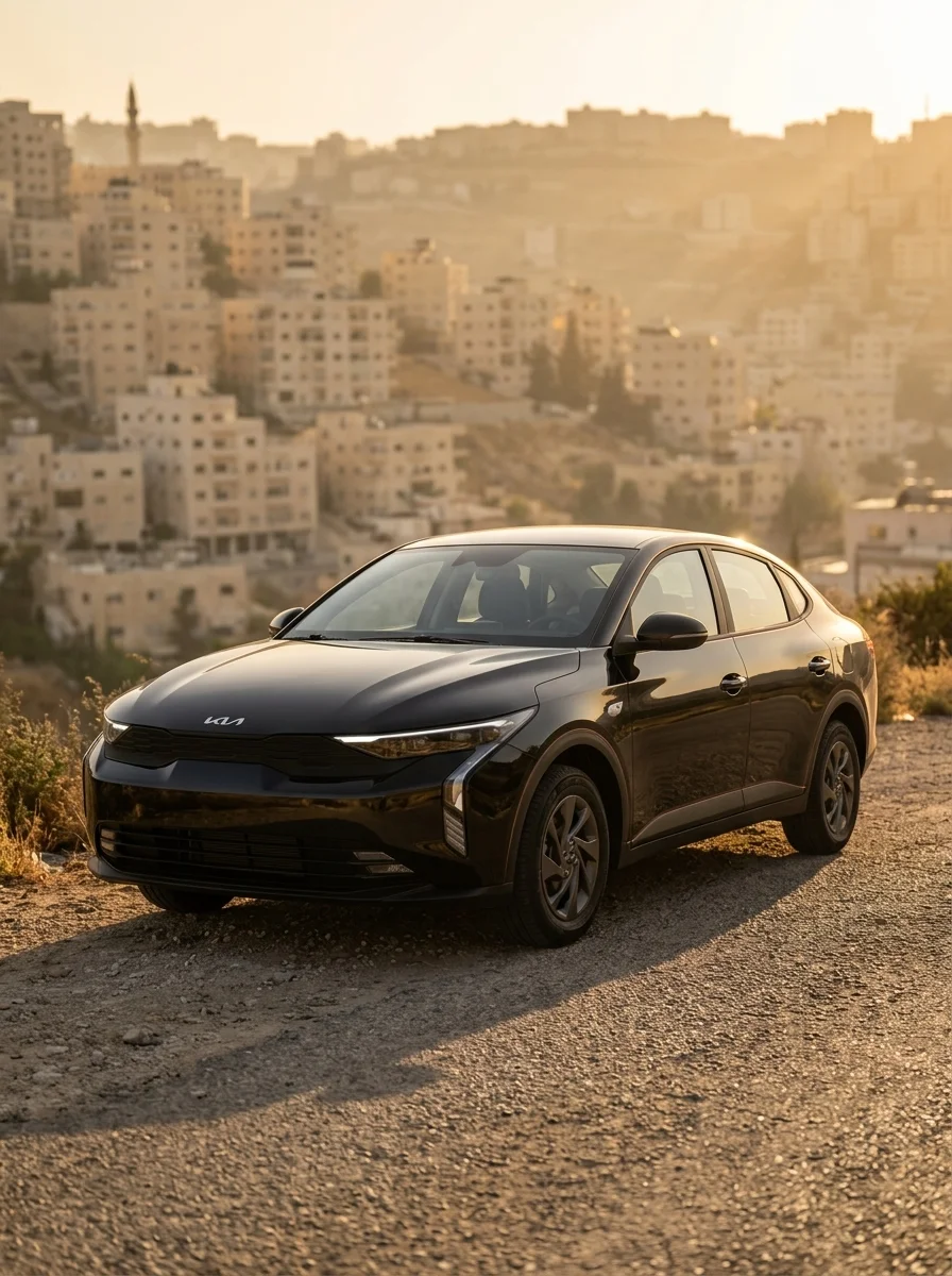 Kia K3 parked on a Jordanian road, three-quarter front exterior view