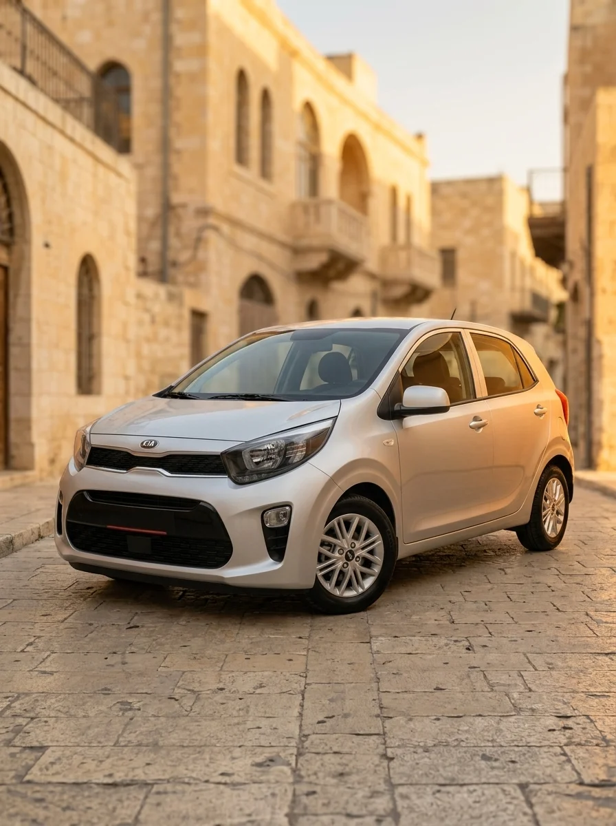 Kia Picanto parked on a Jordanian road, three-quarter front exterior view